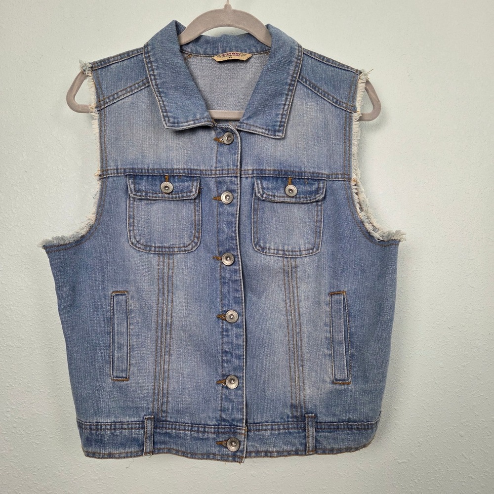 Hwy Jeans Women's XL Denim Vest – Blue Lace Back Frayed Trim Boho Jacket